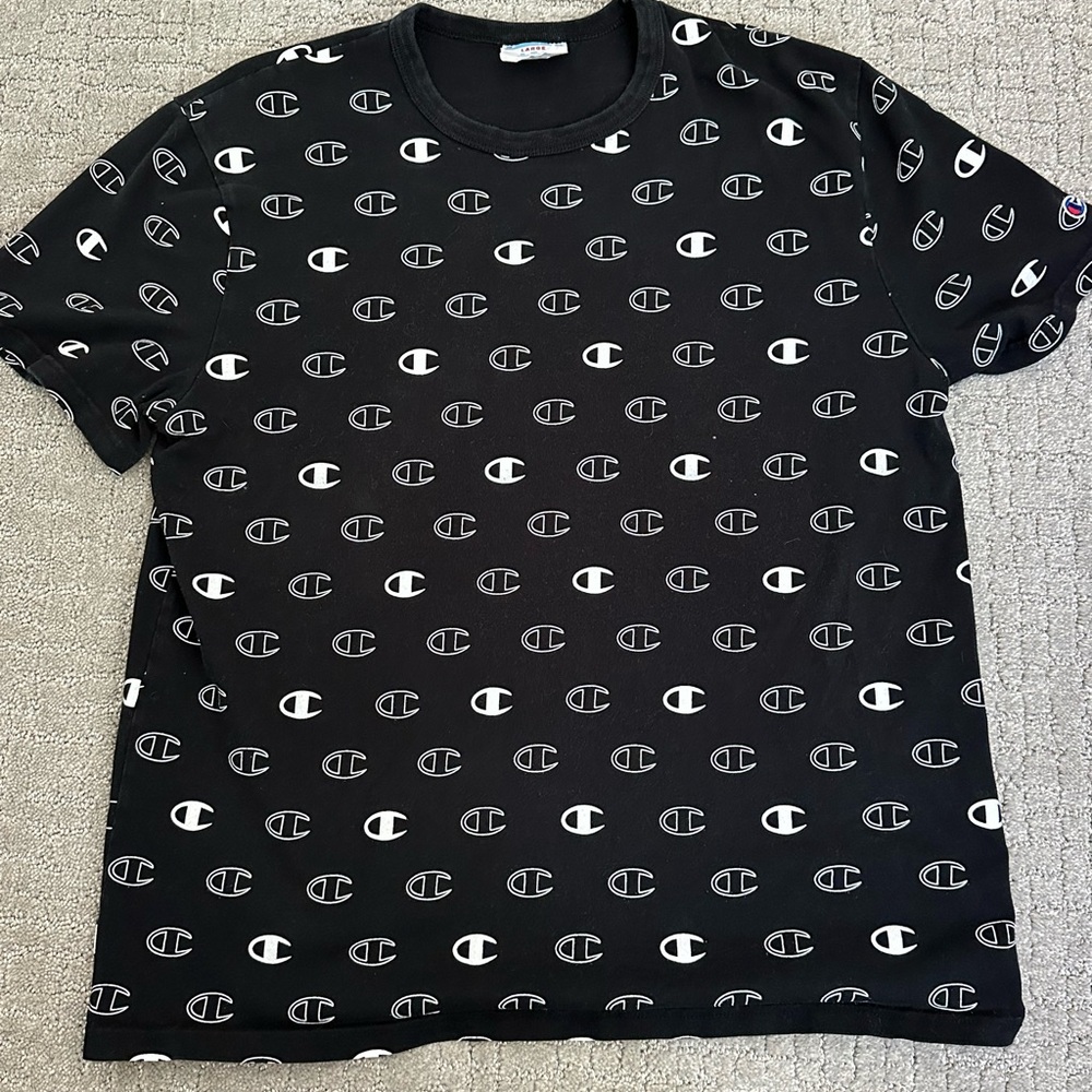 Champion Black and White Short Sleeve Tee with Logo Pattern